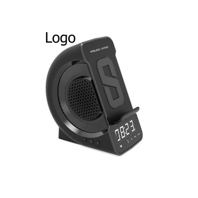 3-in-1 Wireless Charging Station with Bluetooth Speaker Alarm Clock FM Radio